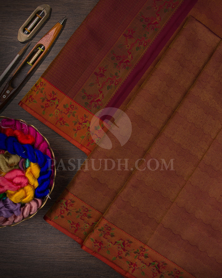 Brown And Rust Orange Kanjivaram Silk Saree - DJ328(D)