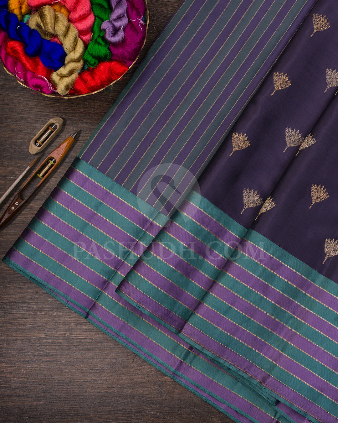 Charcoal Grey, Teal And Lavender Kanjivaram Silk Saree - D607(A)