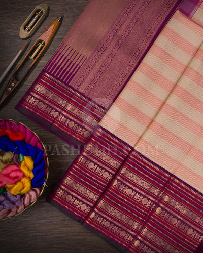 Off White, Peach And Violet Kanjivaram Silk Saree - S1413(A)