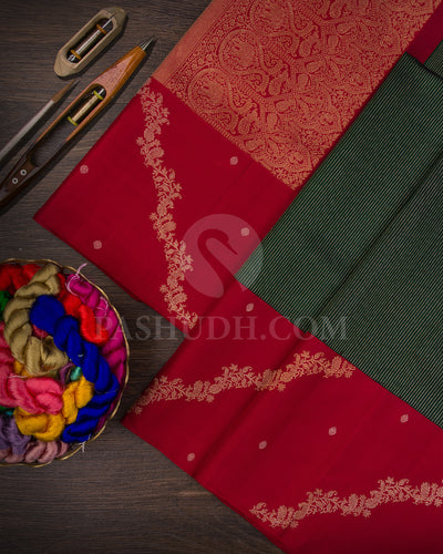 Bottle Green And Red Kanjivaram Silk Saree - S1412(A)