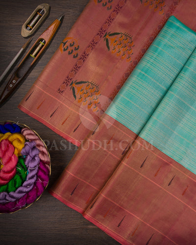 Sea Green And Peachy Pink Tissue Shimmer Kanjivaram Silk Saree - S1406(A)