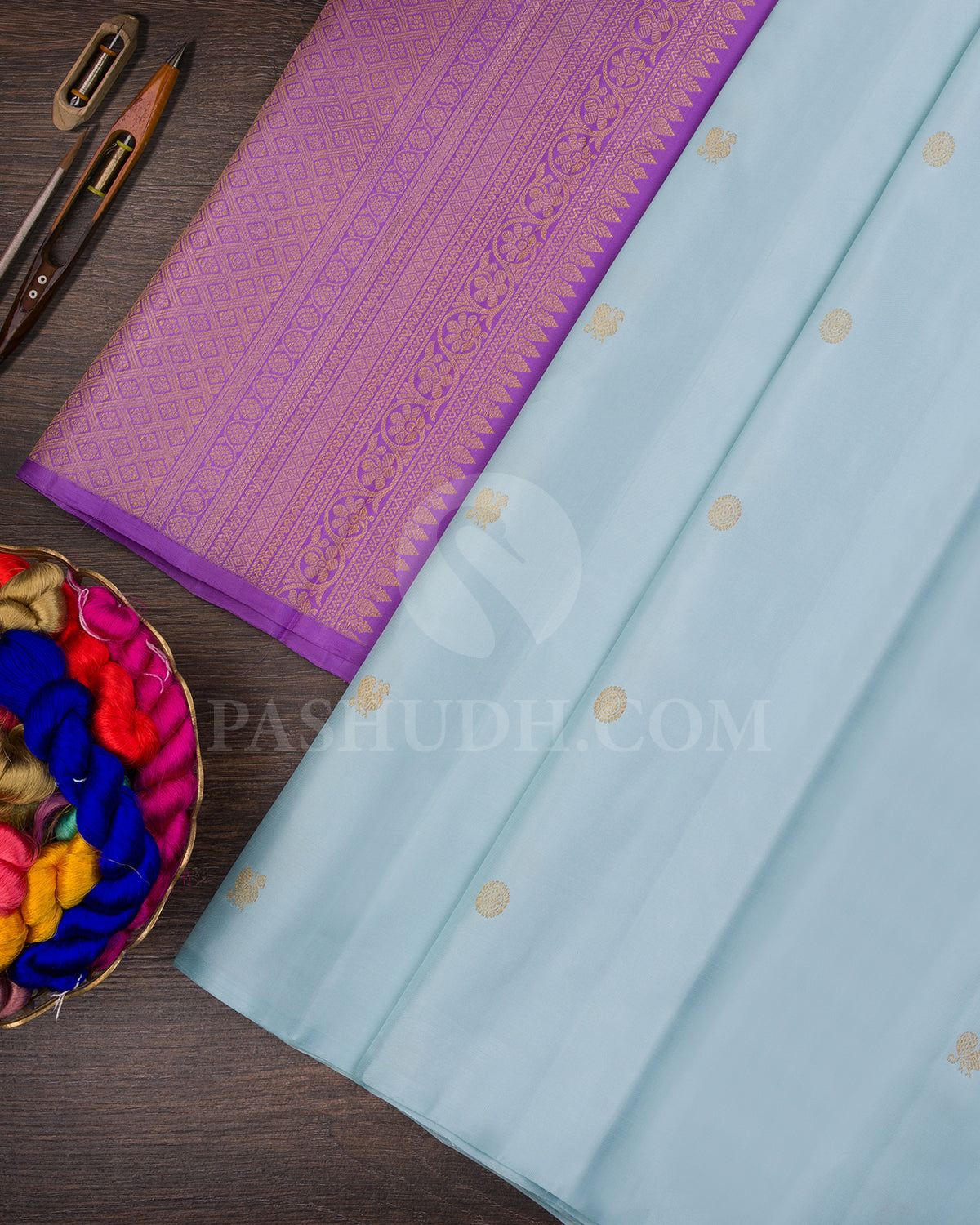 Powder Blue and Lavender Borderless Kanjivaram Silk Saree - BKF7