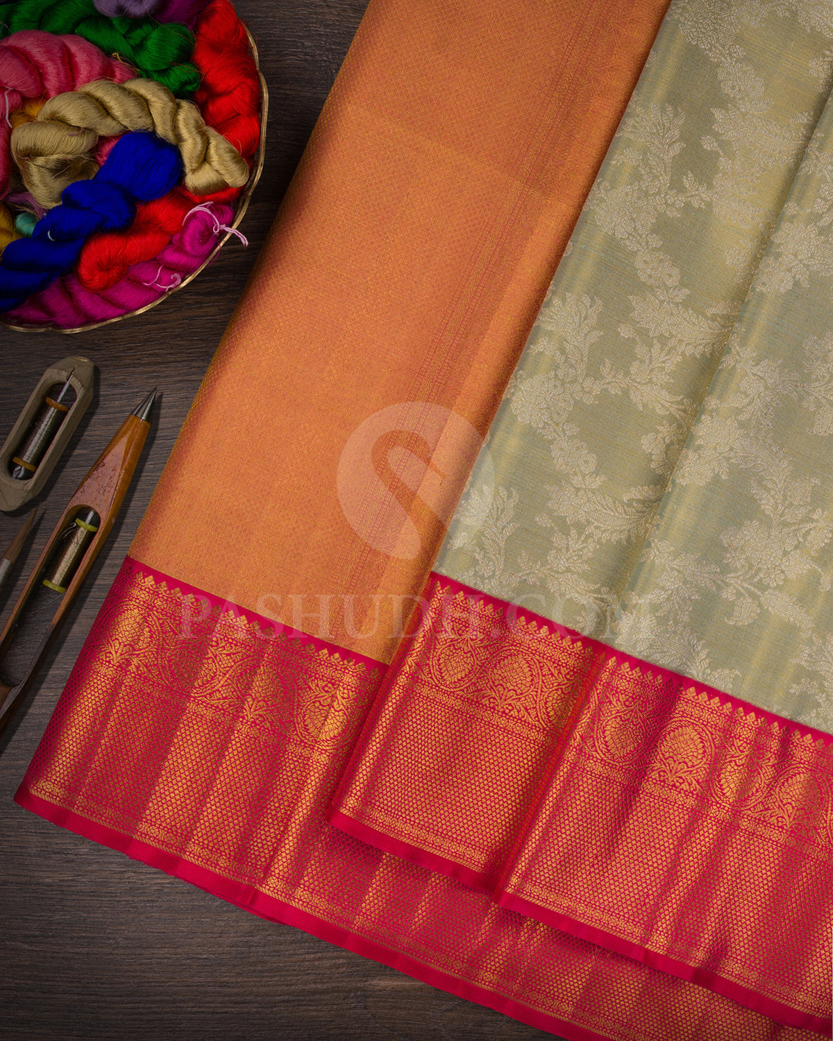 Powder Blue Shot Gold And Rouge Pink Kanjivaram Silk Saree - S1416(A)