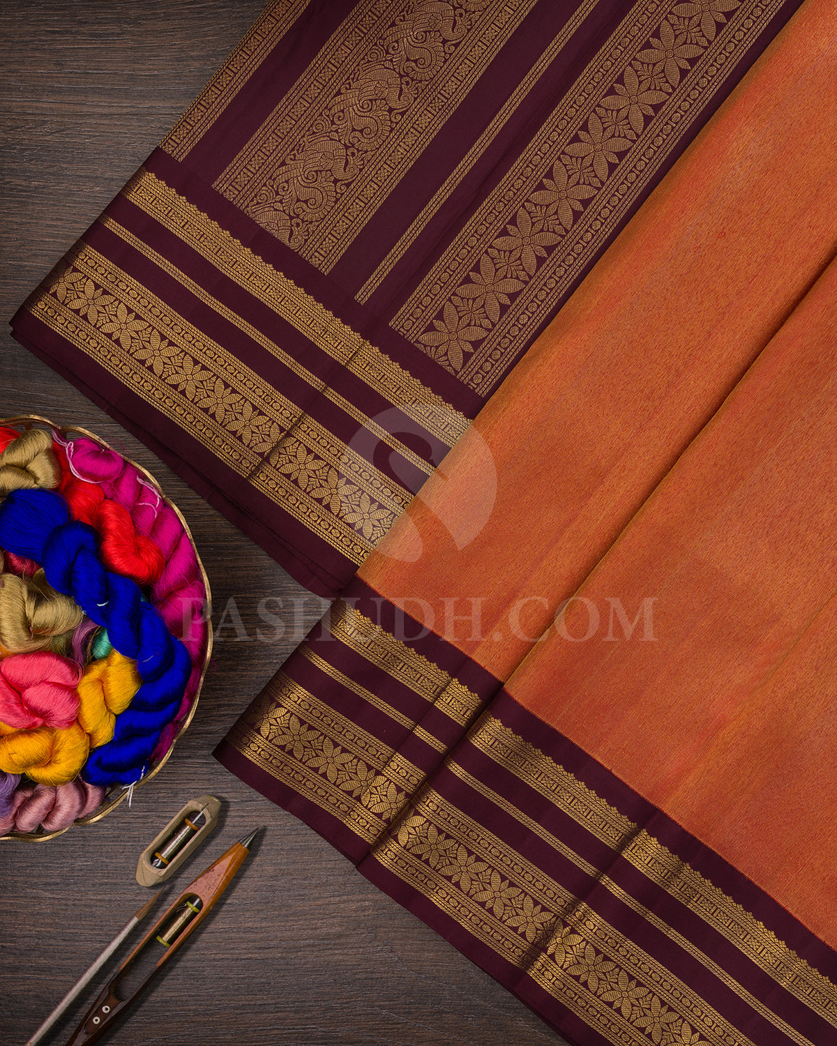 Orange And Brown Shimmer Kanjivaram Silk Saree - BKF2