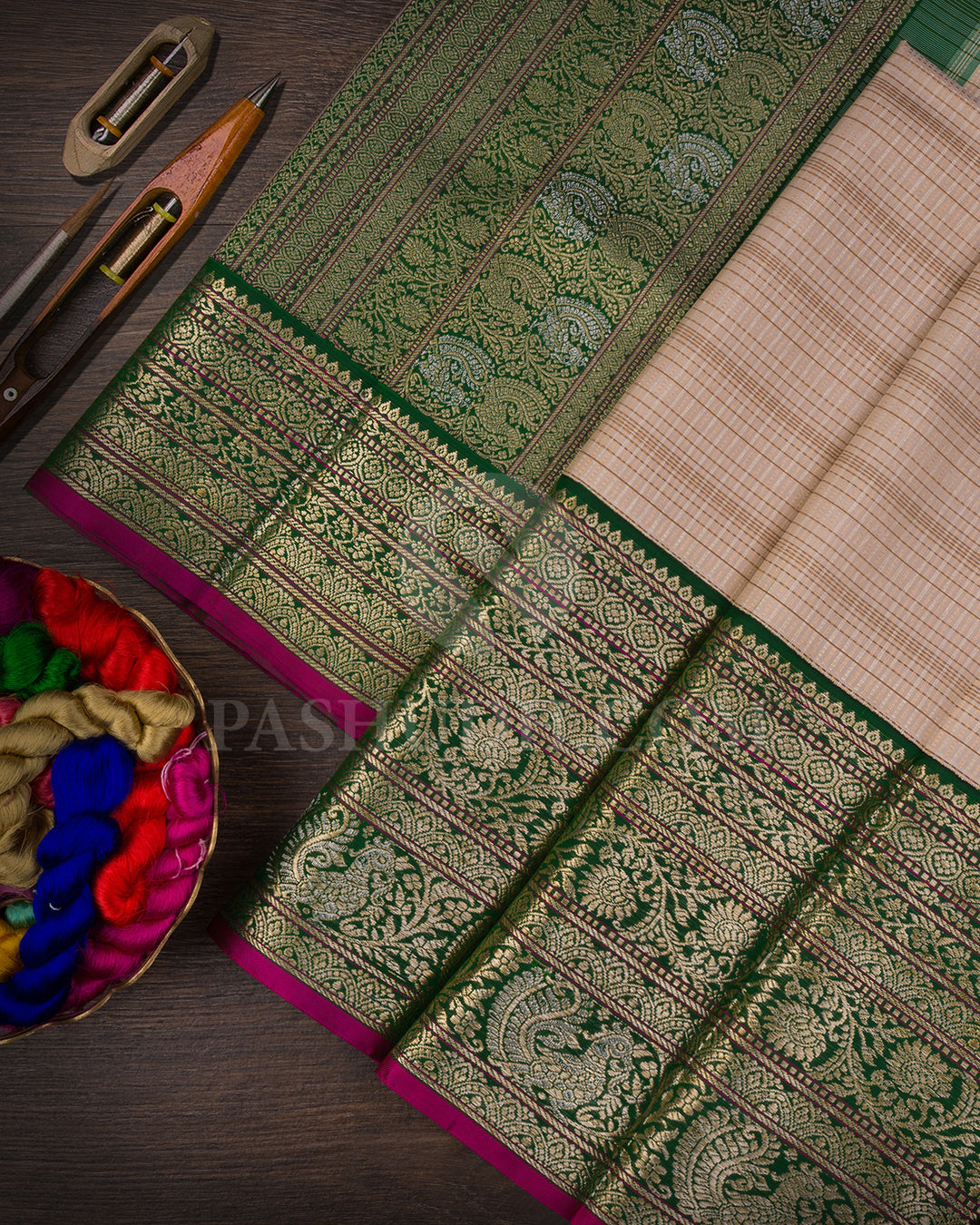 Ivory or Light Beige And Bottle Green Kanjivaram Silk Saree - S1336(C)