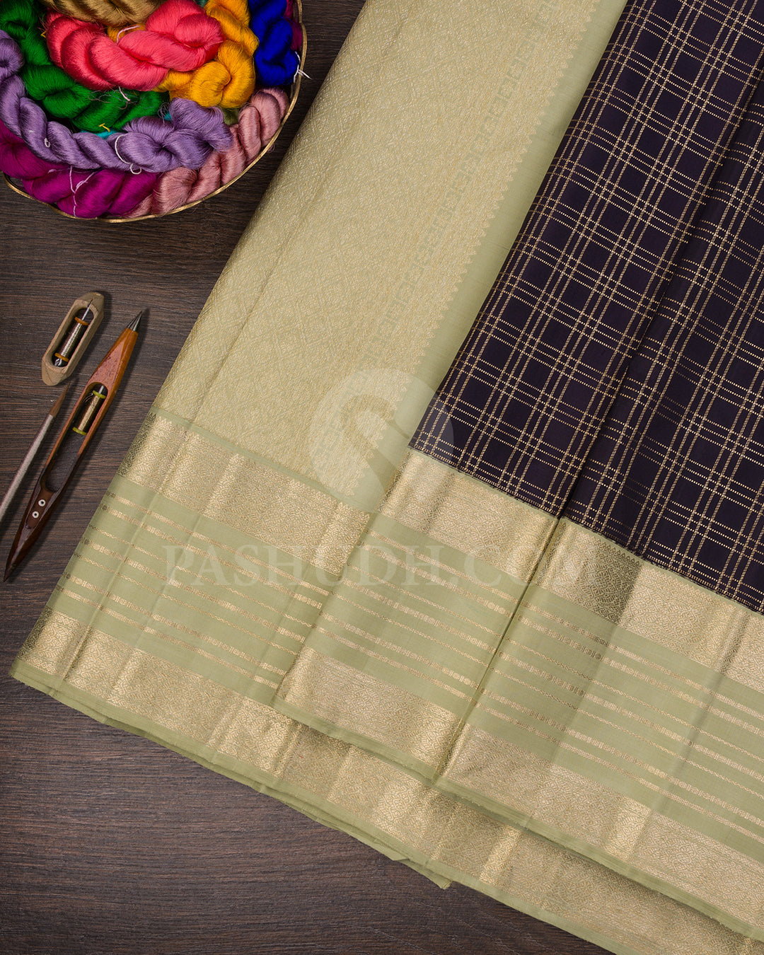 Aubergine And Pastel Sage Green Kanjivaram Silk Saree - BKF11