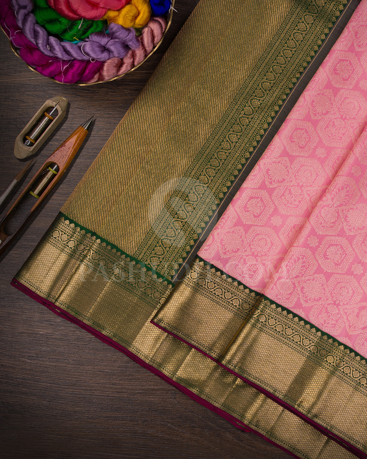 Baby Pink And Bottle Green Kanjivaram Silk Saree - S1408(A)