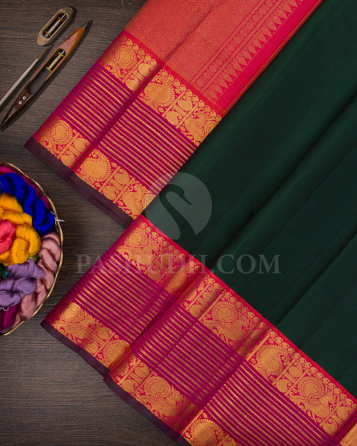 Bottle Green And Orange Shot Rani Pink Kanjivaram Silk Saree - BKF16