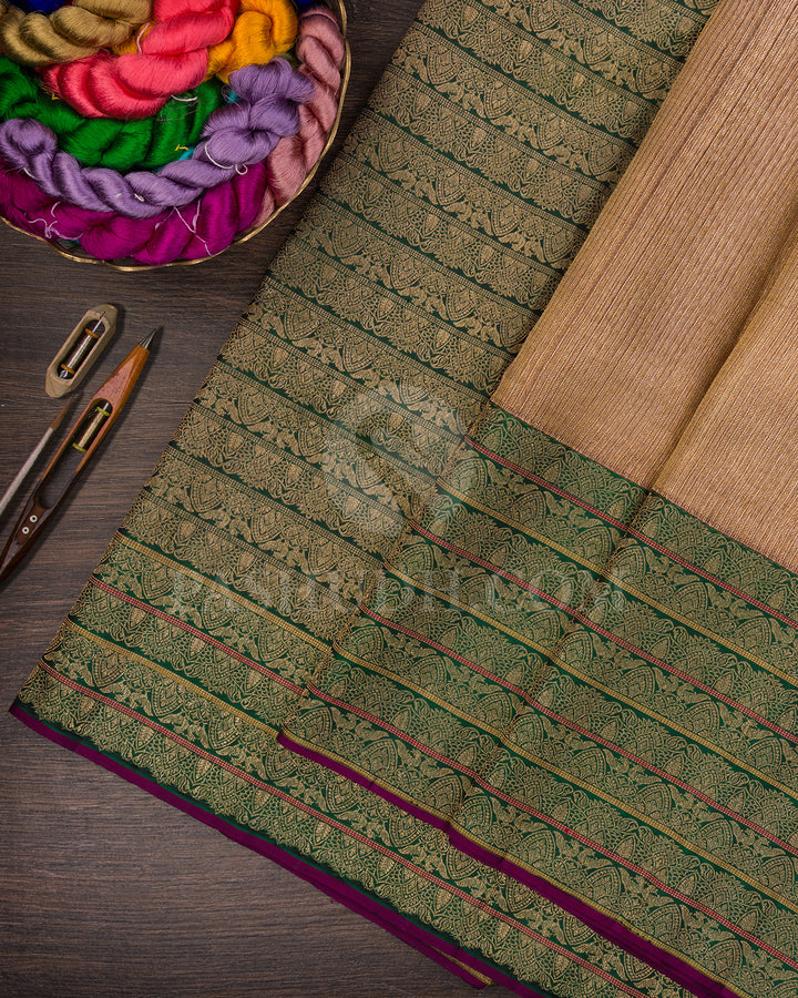 Antique Gold And Forest Green Shimmer Organza Kanjivaram Silk Saree - S1332(B)