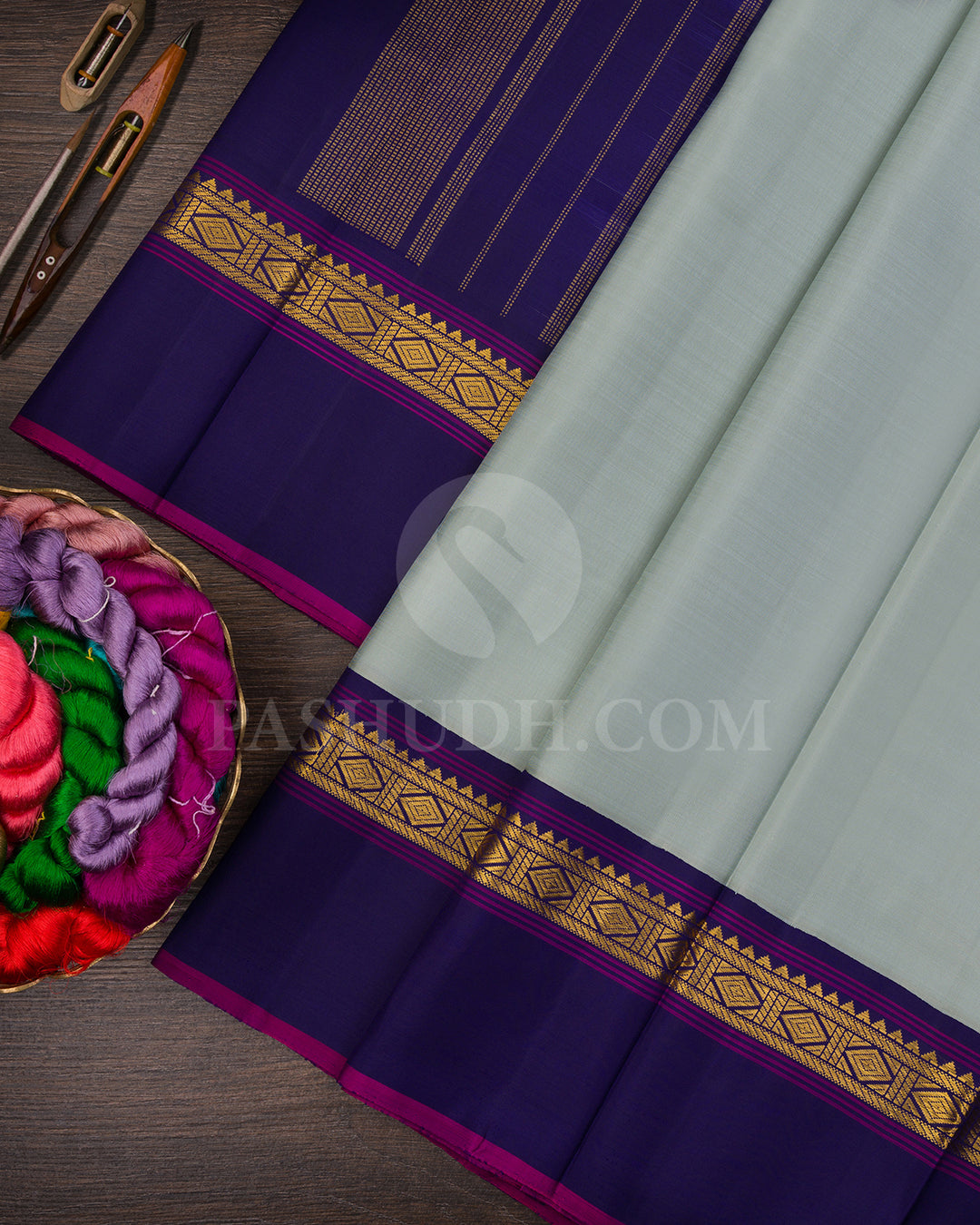 Pistachio Green And Midnight Blue Kanjivaram Silk Saree - BKF25