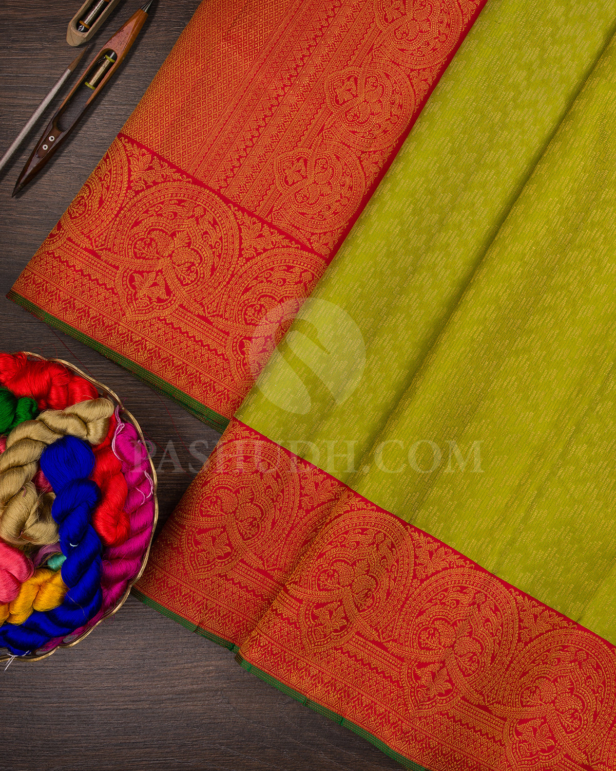 Pear Green and Red Pure Zari Kanjivaram Silk Saree - P175(A)