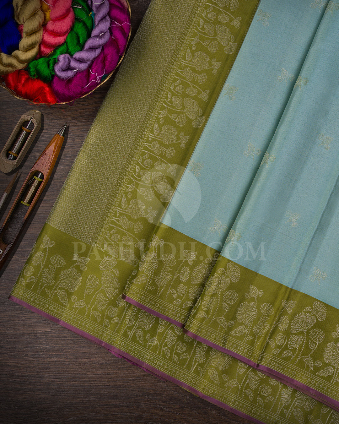 Sky Blue And Pear Green Shimmer Kanjivaram Silk Saree - DJ350(B)
