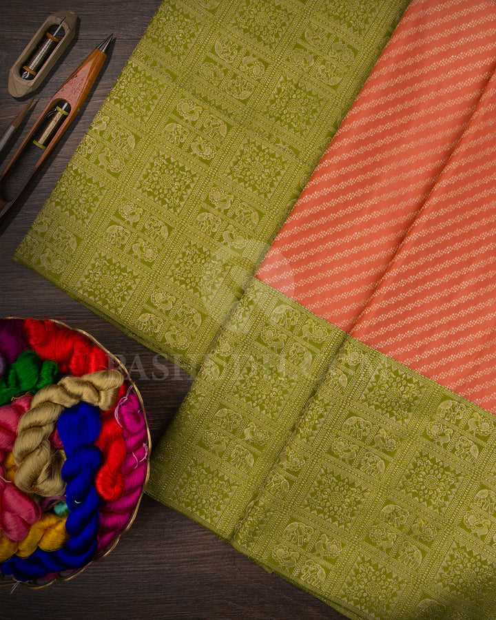 Peach And Light Green Kanjivaram Silk Saree - S1423(A)