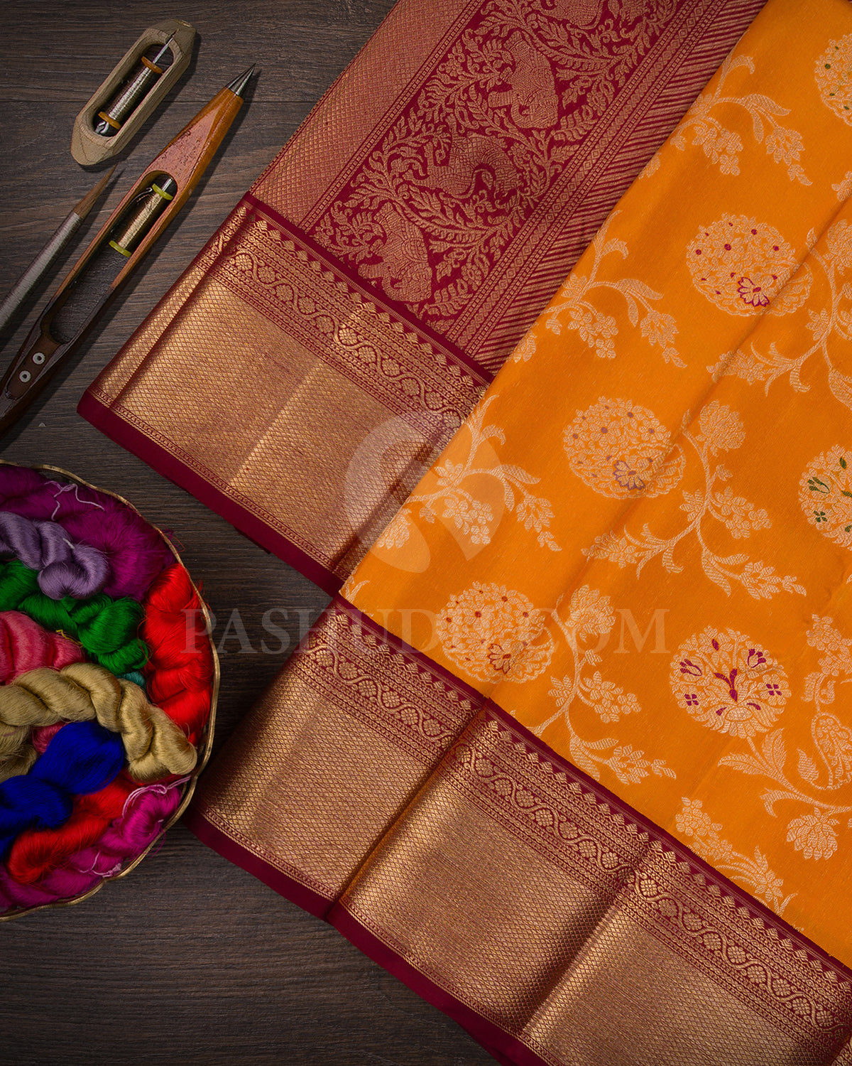 Mango Yellow And Maroon Kanjivara Silk Saree - S1402(A)