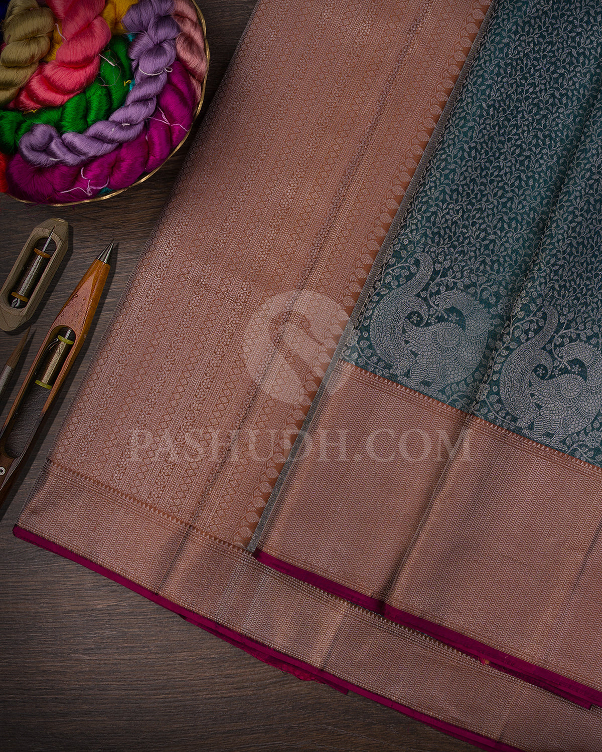 Pine Green And Light Brown Kanjivaram Silk Saree - D528(E)