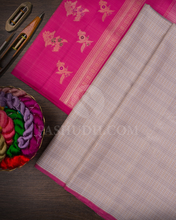 Grey And Punch Pink Borderless Kanjivaram Silk Saree - S1419(A)