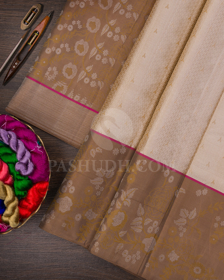 Beige And Ash Brown Kanjivaram Silk Saree - DJ344( C )