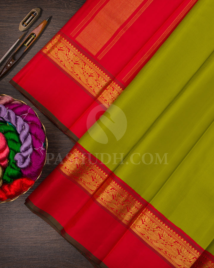 Olive Green And Red Kanjivaram Silk Saree - BKF19