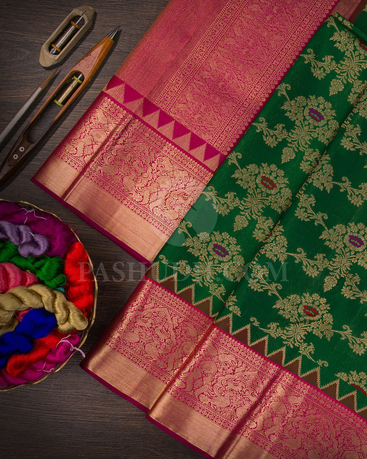 Emerald Green and Magenta Kanjivaram Silk Saree - S1242(C)