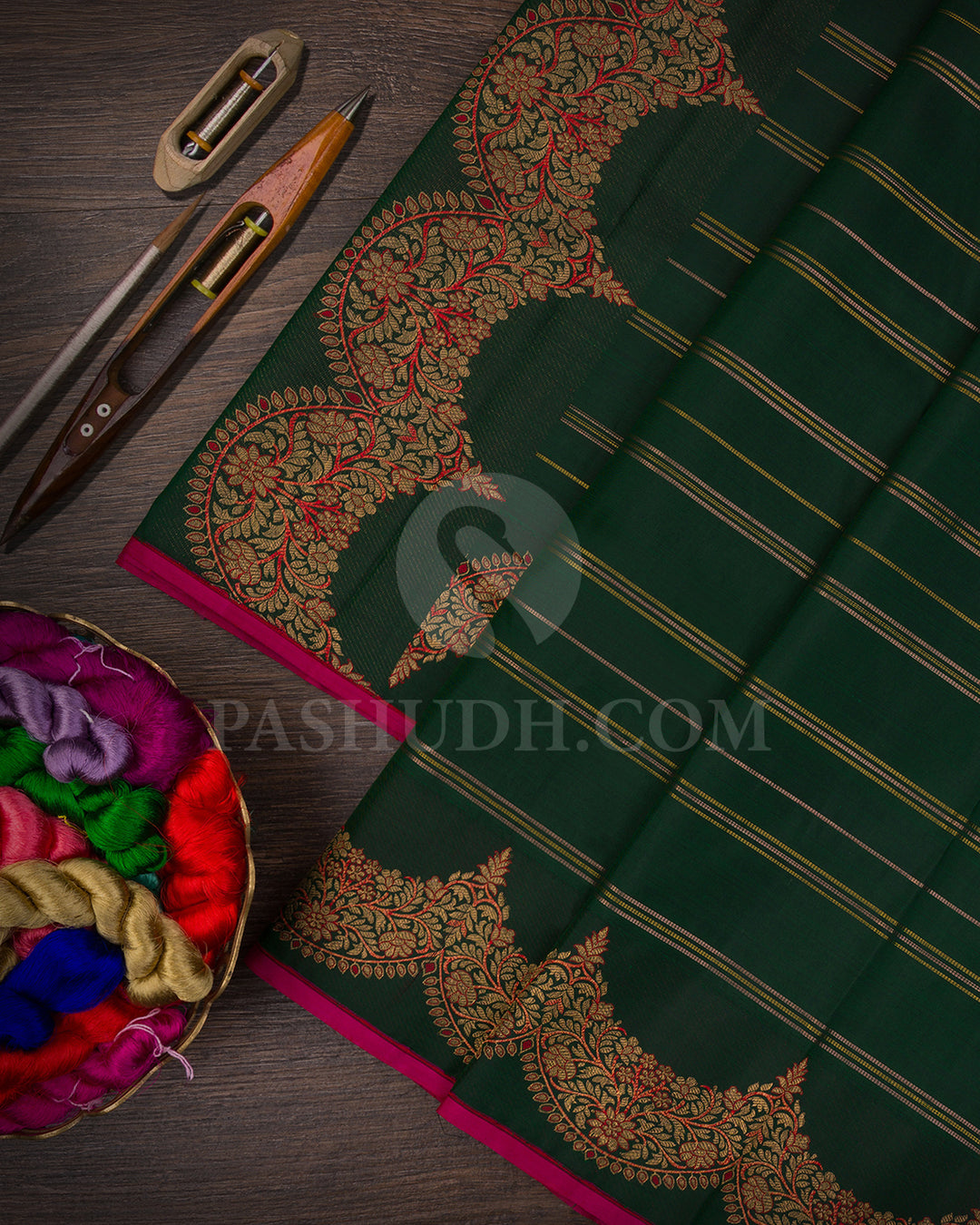 Bottle Green And Rani Pink Kanjivaram Silk Saree - S1401(A)