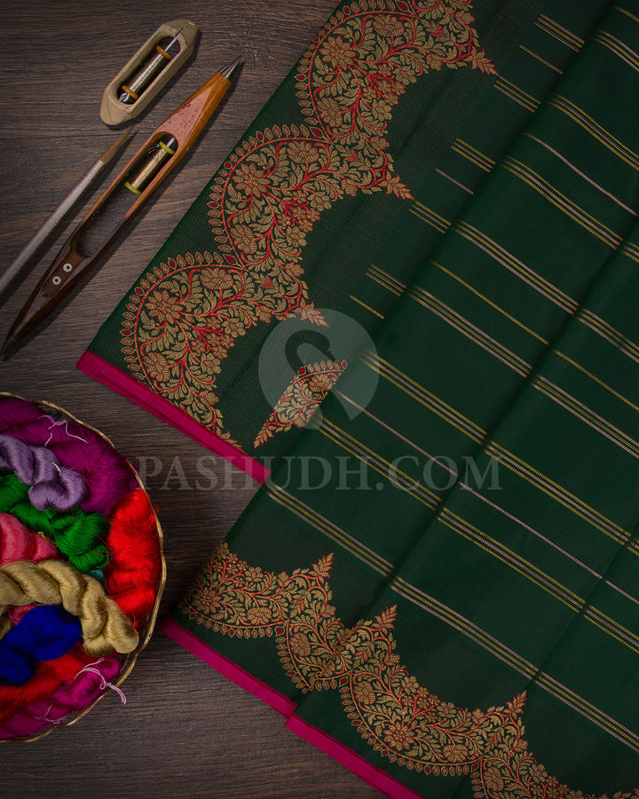 Bottle Green And Rani Pink Kanjivaram Silk Saree - S1401(A)