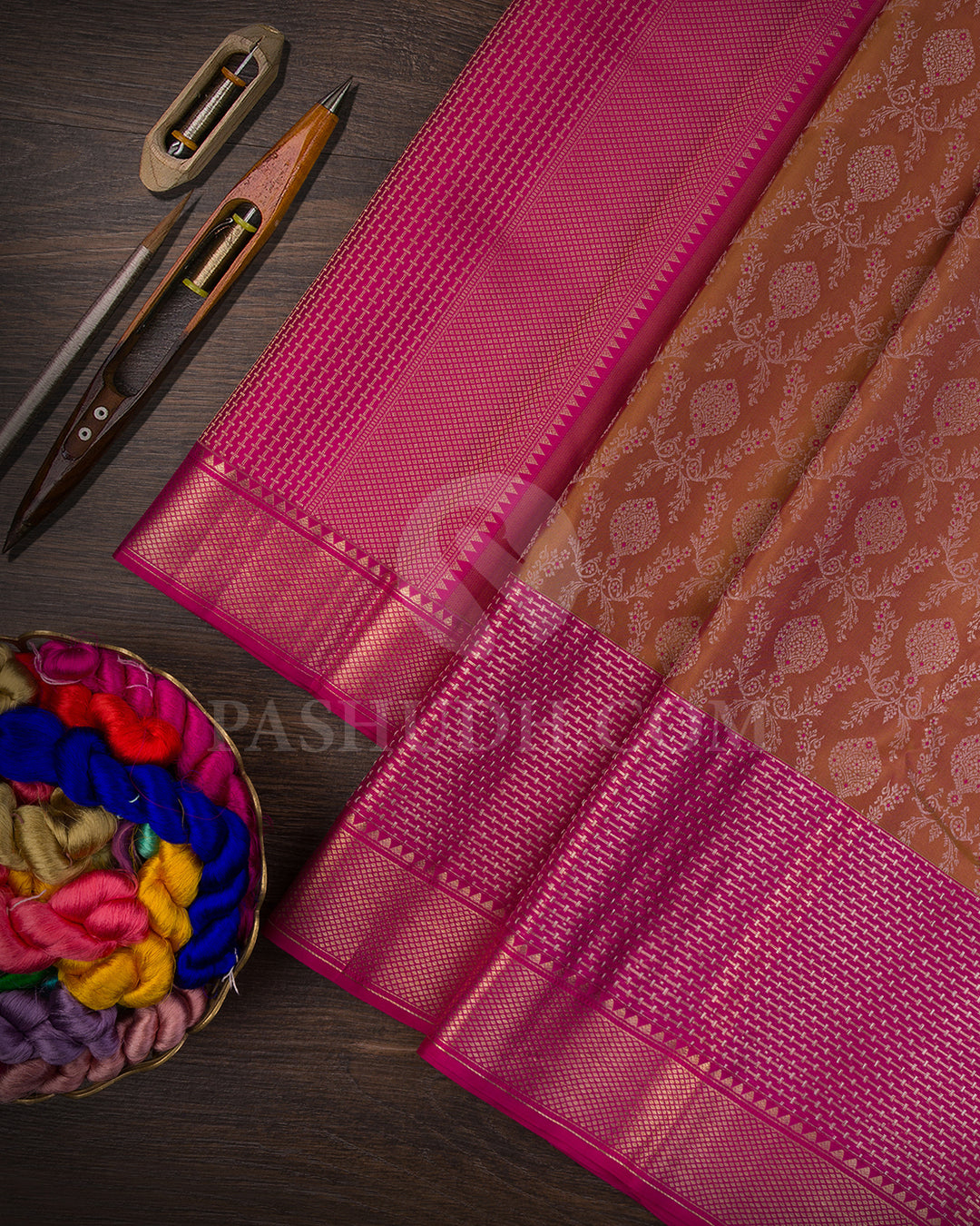 Golden Mustard and Bright Pink Kanjivaram Silk Saree - DT260(G)