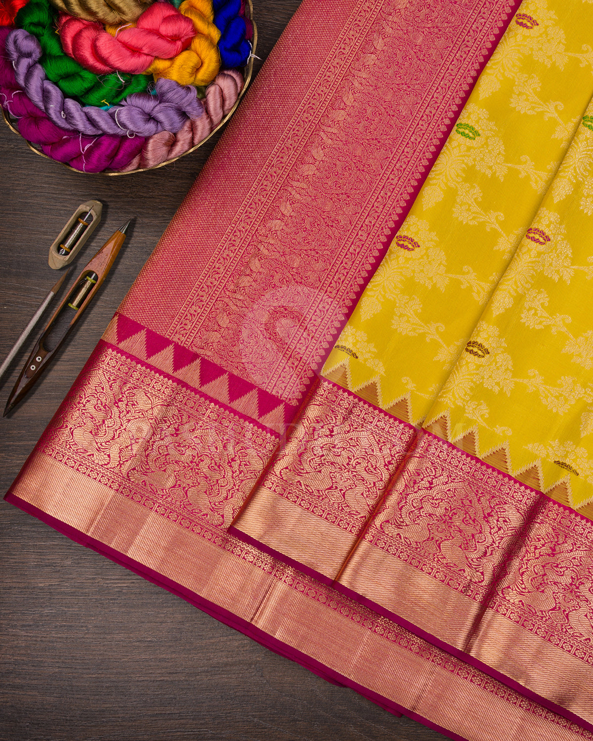 Lime Yellow And Magenta Kanjivaram Silk Saree - S1242(B)