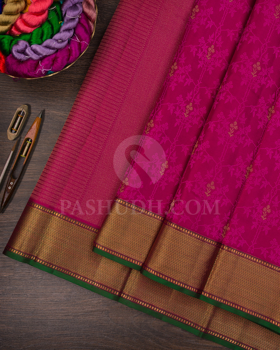 Rouge Pink And Forest Green Kanjivaram Silk Saree - DJ347(A)