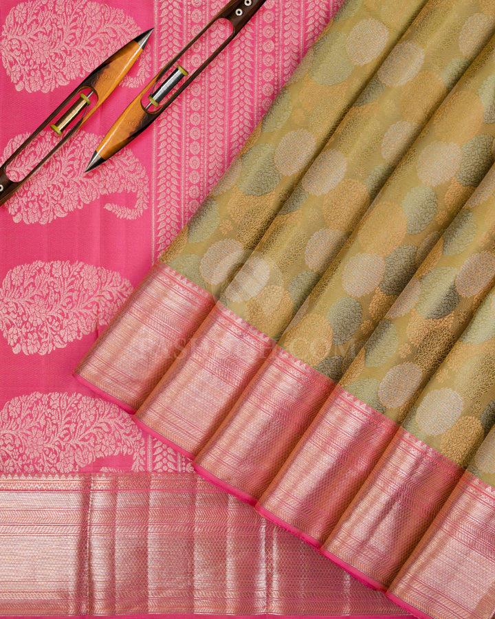 Sage Green And Watermelon Pink Kanjivaram Silk Saree - D523(C) - View 1