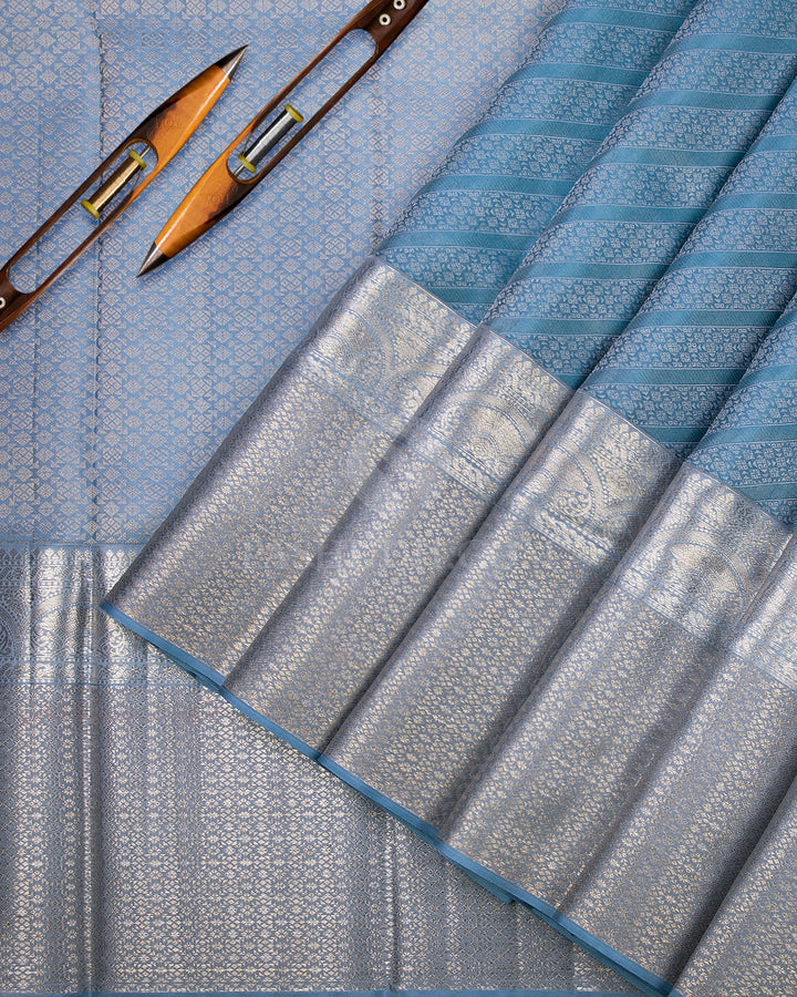Steel Blue and Powder Blue Kanjivaram Silk Saree - DT212