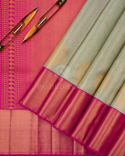 Light Green & Rani Pink Kanjivaram Silk Saree - S758 - View 3
