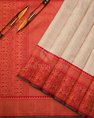 Cream / Ivory & Red Kanjivaram Silk Saree - S1019(A) - View 2