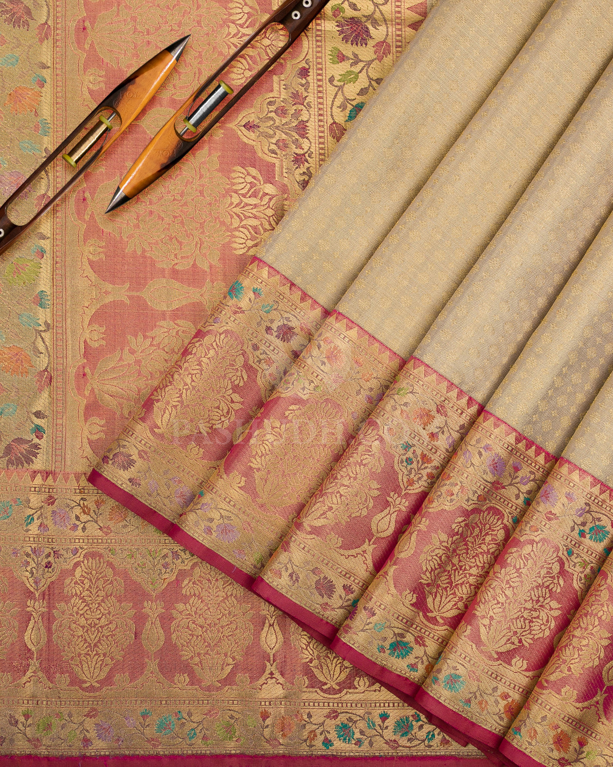 Gold & Pink Pure Zari Kanjivaram Silk Saree with Tissue Border - P148(A) - View 2