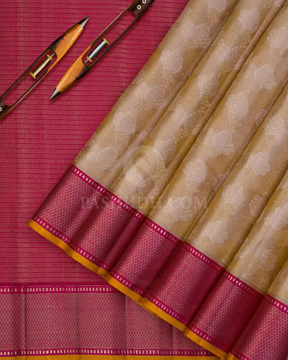 Beige & Rani Pink Kanjivaram Silk Saree - DJ279(A) - View 1