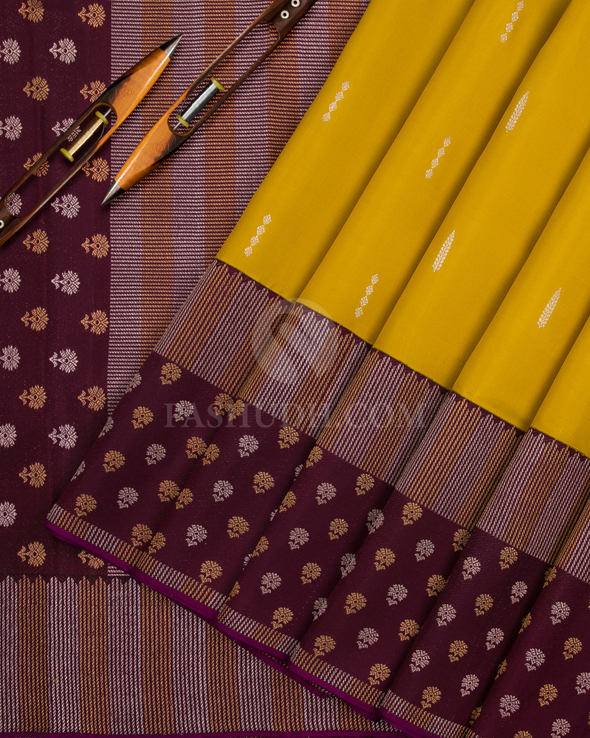 Yellow and Wine Kanjivaram Silk Saree - S1117(A)