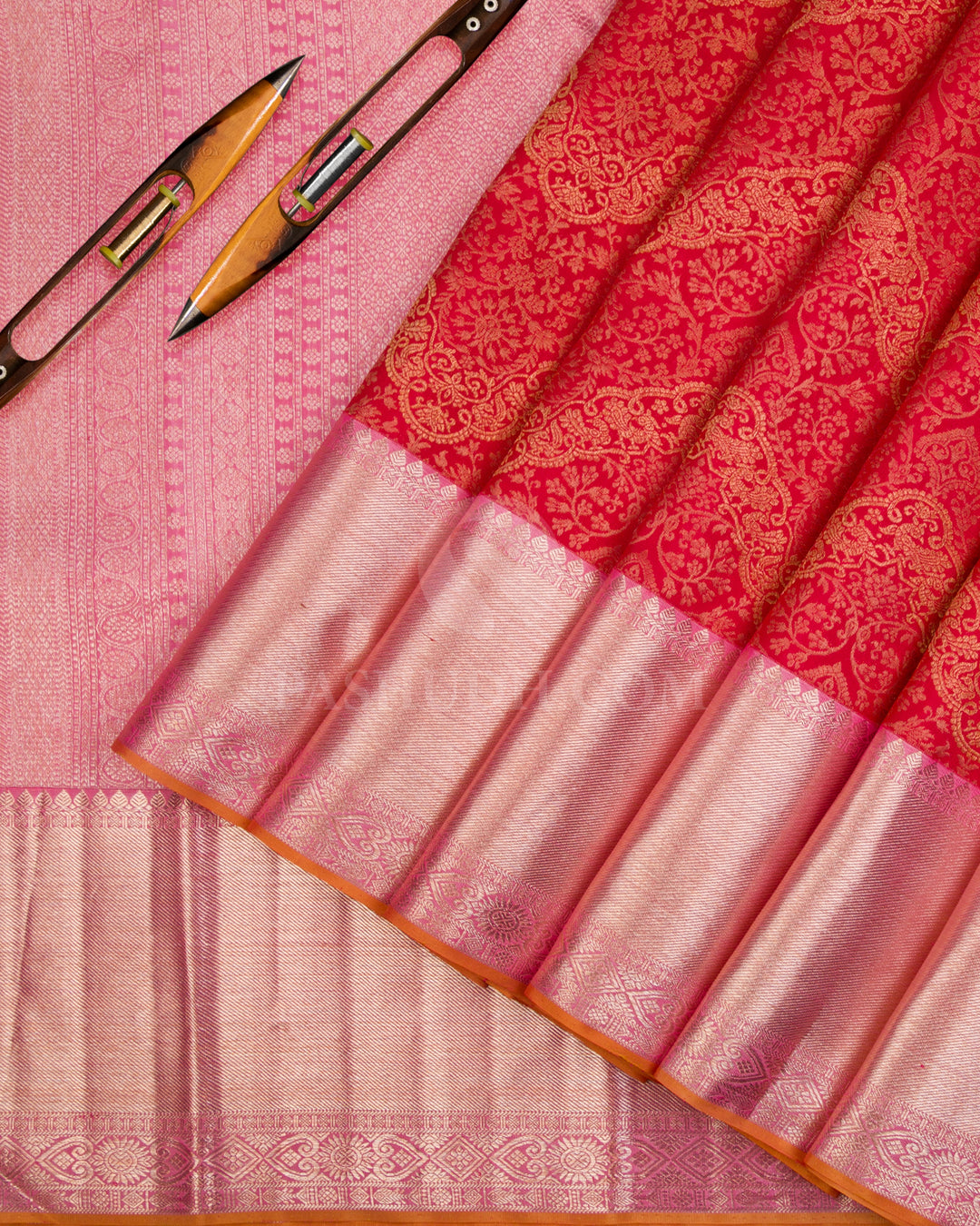 Red & Baby Pink Kanjivaram Silk Saree - S1087(A) - View 2