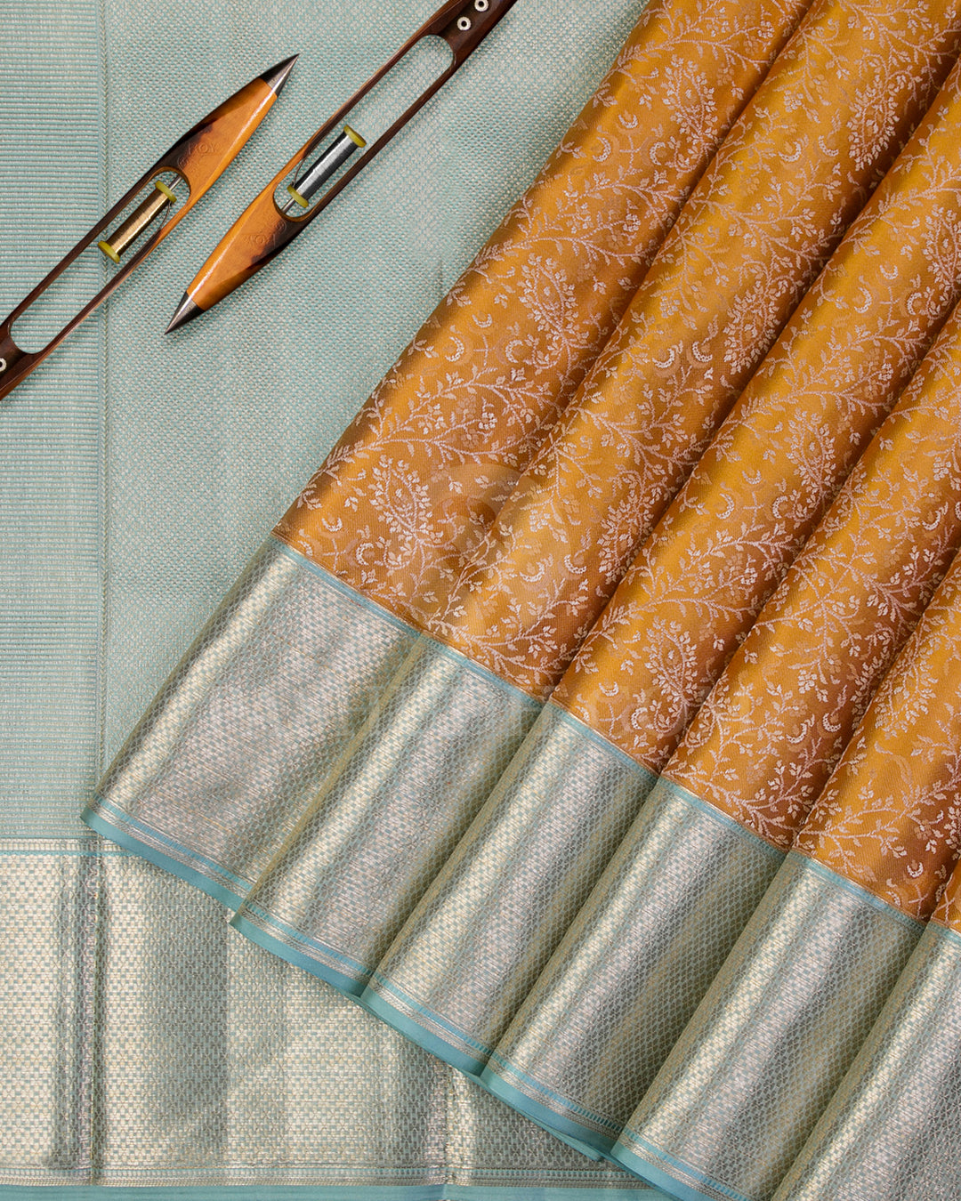 Golden Yellow and Powder Blue Kanjivaram Silk Saree - D550(A)