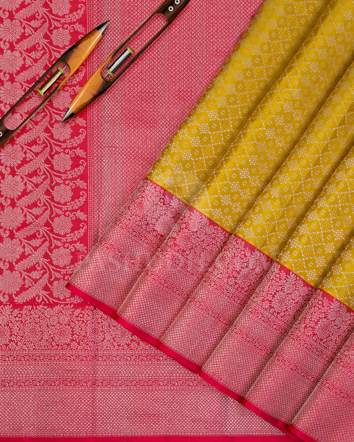 Daisy Yellow and Crimson Red Kanjivaram Silk Saree - DT251(F)