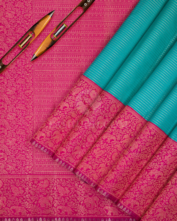 Dark Sky Blue And Rani Pink Kanjivaram Silk Saree - S1155(A) - View 2