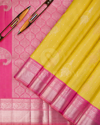 Lime Yellow And Pink Kanjivaram Silk Saree - S1173(A) - View 2