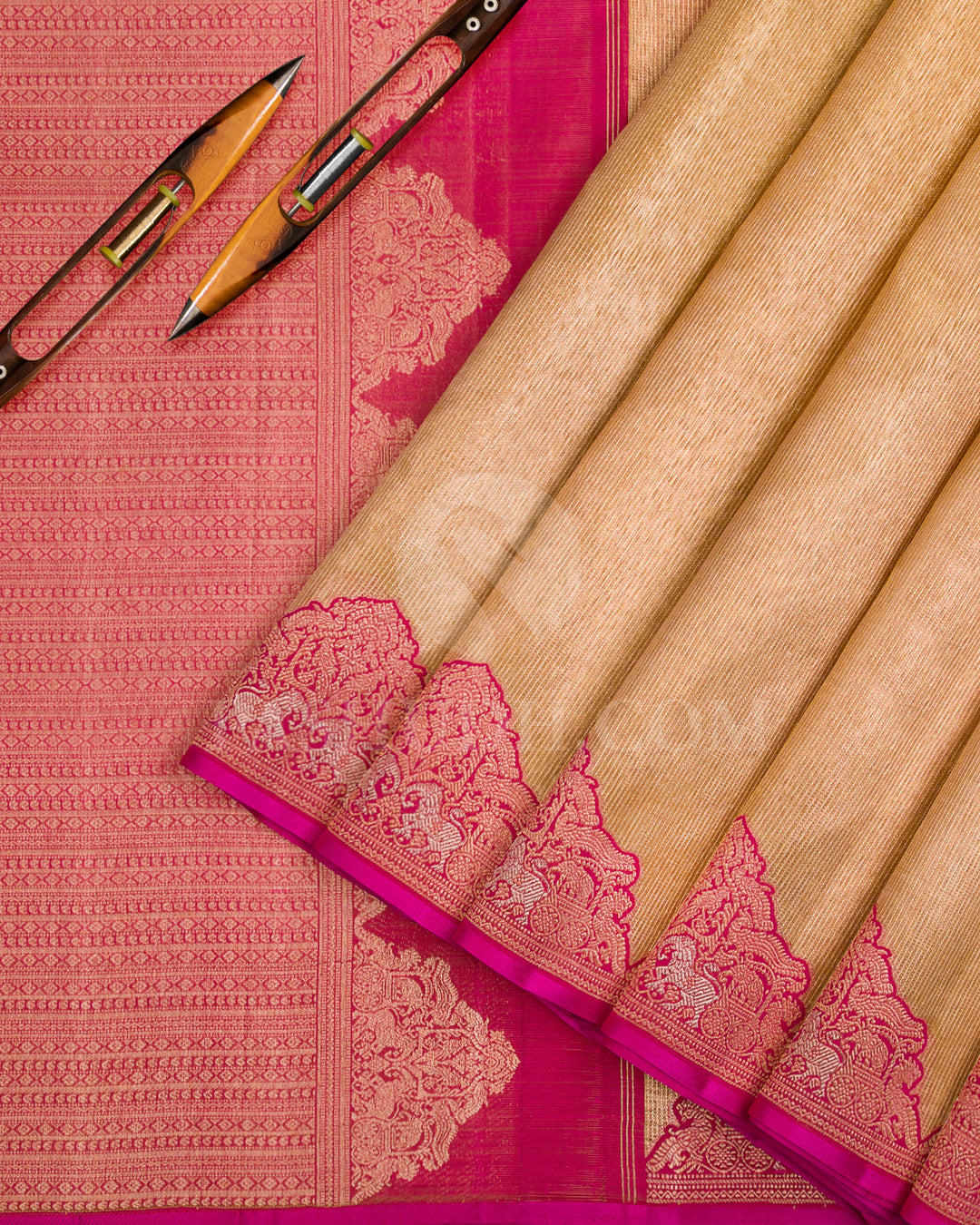 Gold And Rani Pink Kanjivaram Silk Saree - S1209(A)
