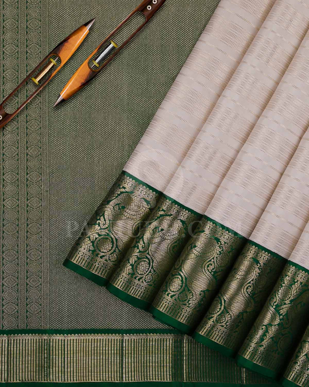 Ivory And Green Kanjivaram Silk Saree - S1222(B)