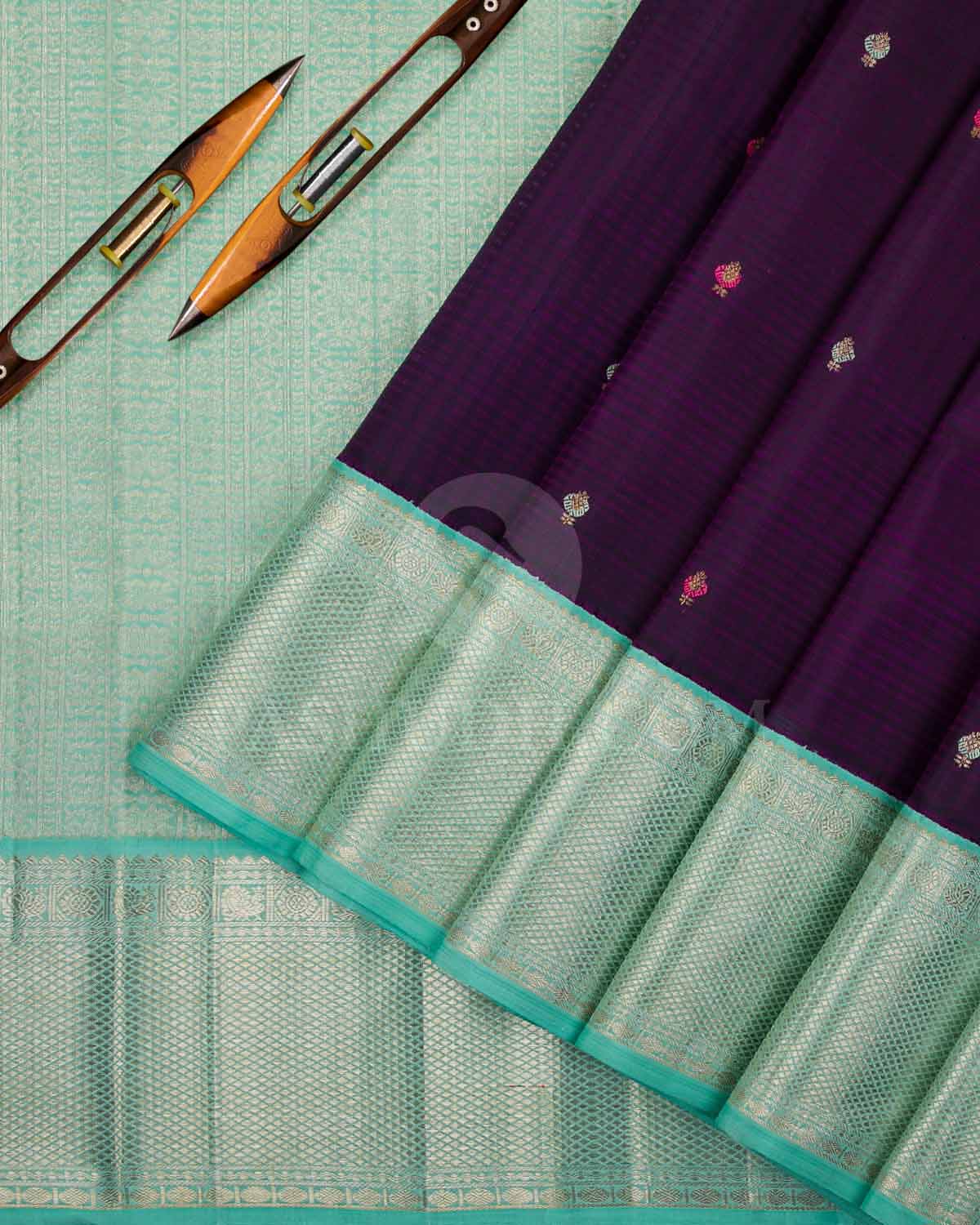 Aubergine And Aquamarine Blue Kanjivaram Silk Saree - S1198(A)