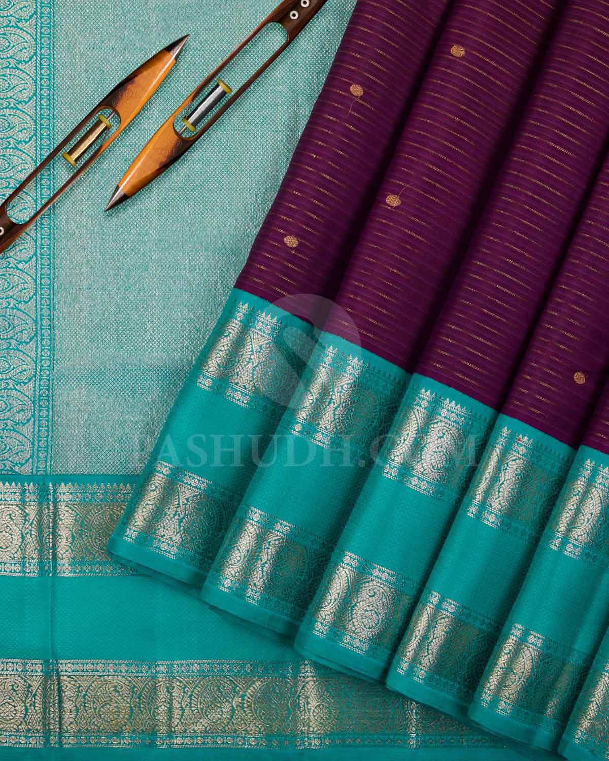 Aubergine And Aquamarine Blue Kanjivaram Silk Saree - S1224(A)