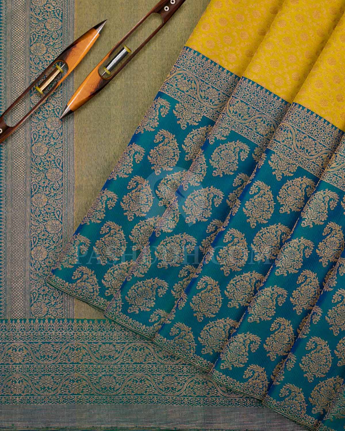 Yellow And Peacock Blue Kanjivaram Silk Saree - S1223(A)