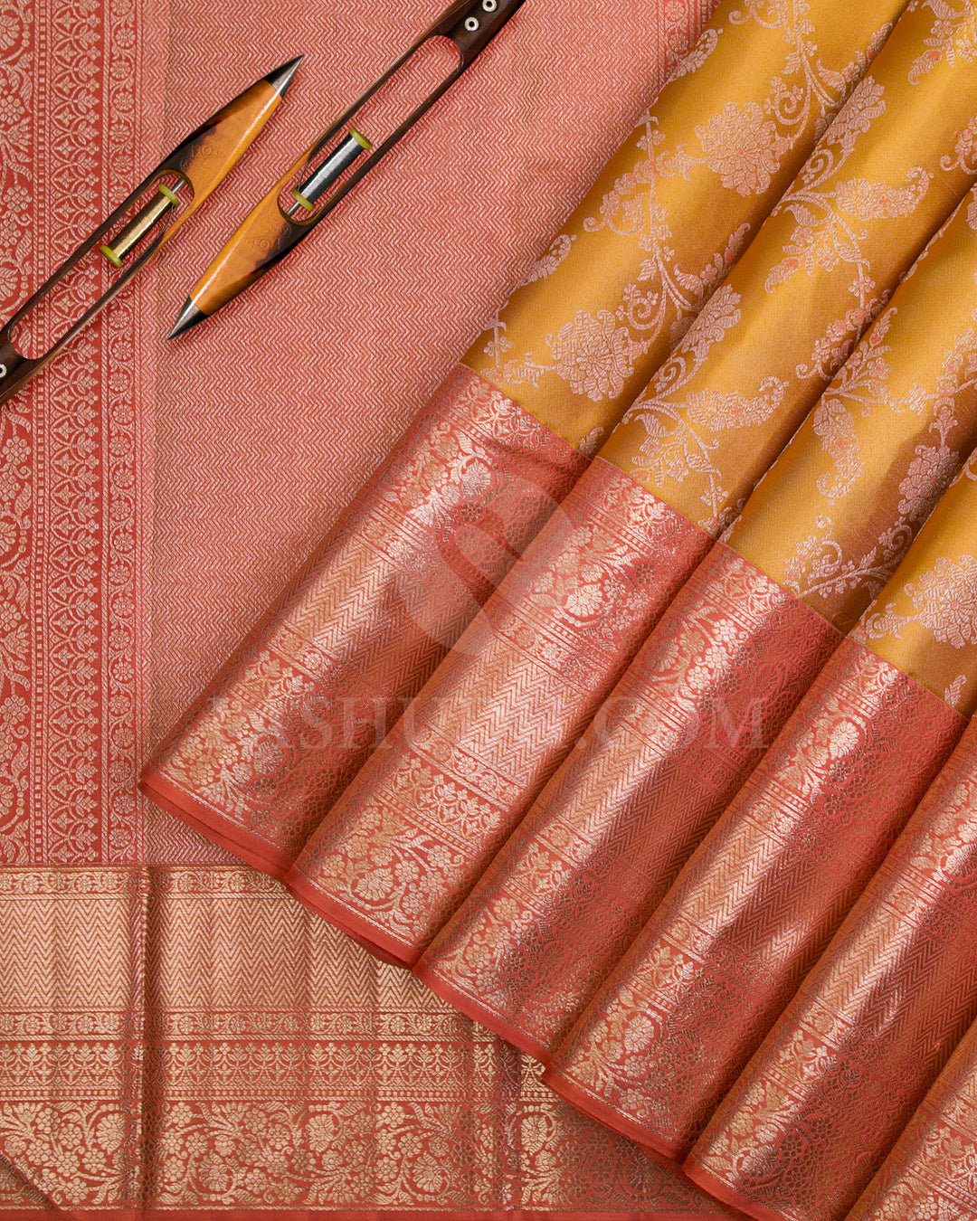 Mustard And Rust Orange Kanjivaram Silk Saree - D556(A)