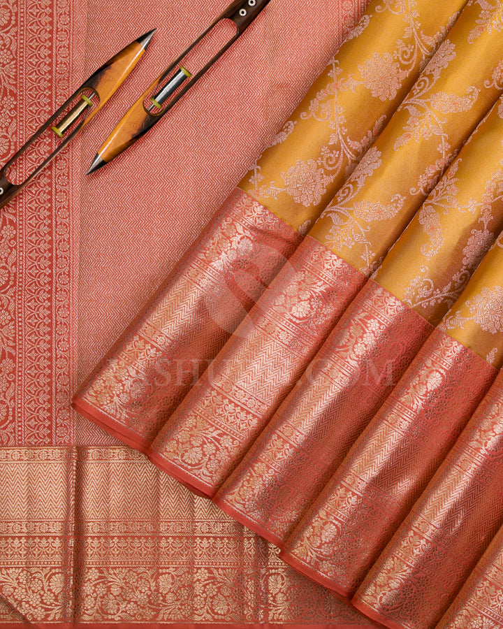 Mustard And Rust Orange Kanjivaram Silk Saree - D556(A)