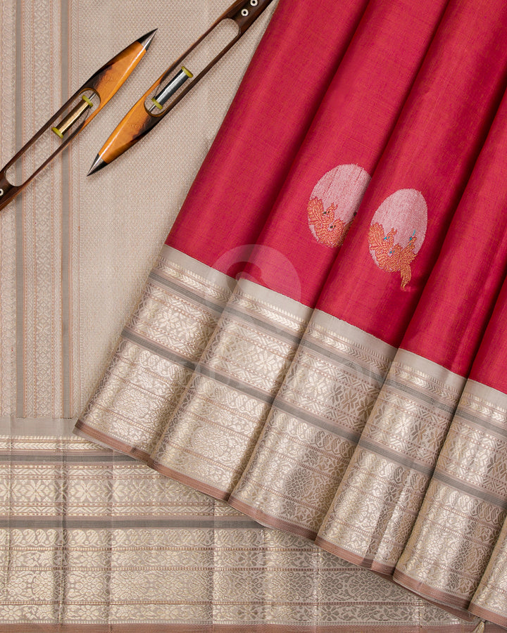 Red And Greige Kanjivaram Silk Saree - S1216(A)
