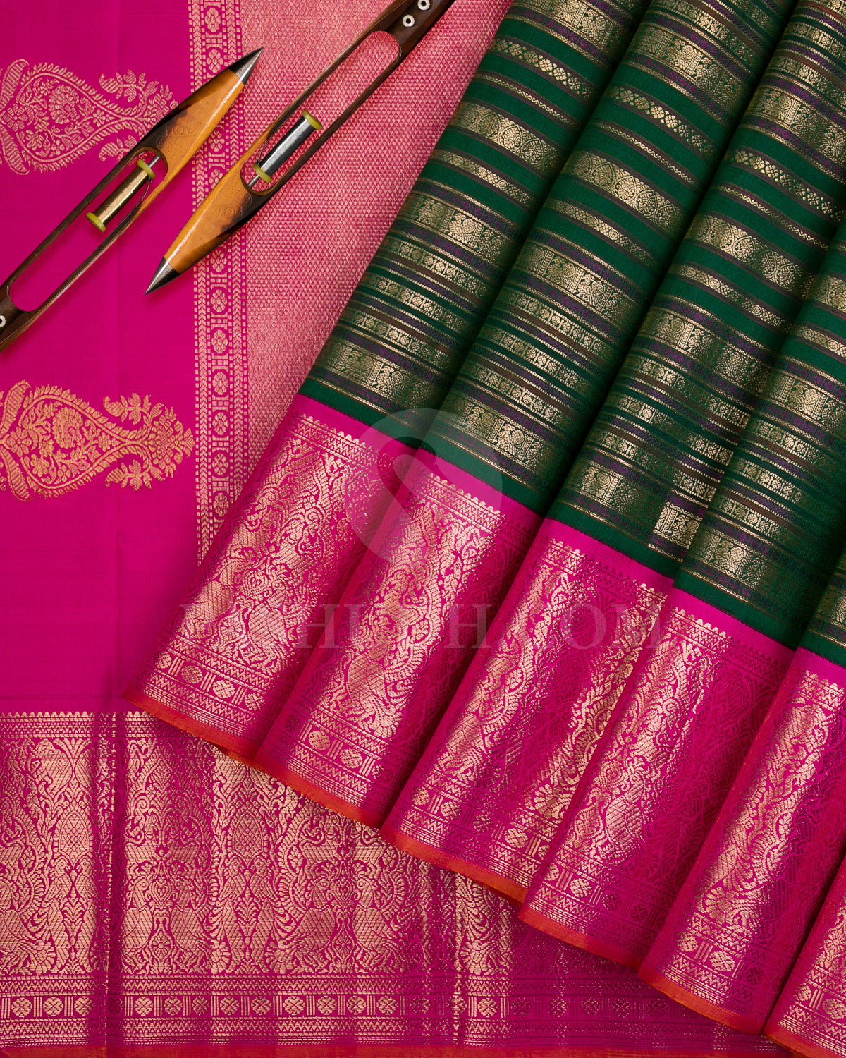 Bottle Green And Rani Pink Kanjivaram Silk Saree - S1203(A)