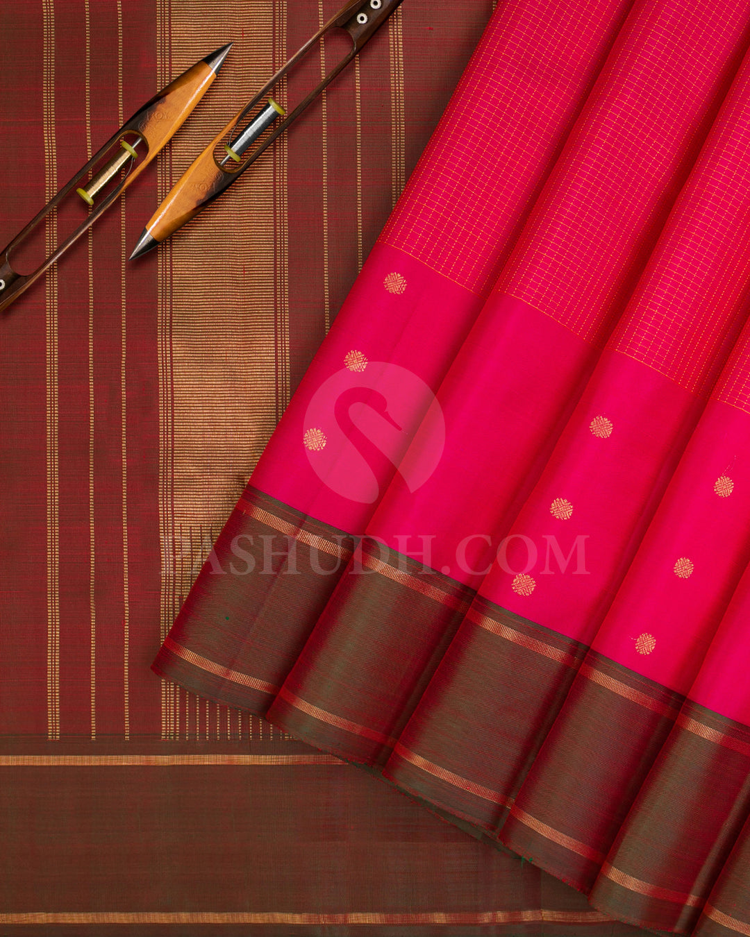 Bright Pink And Reddish Green Kanjivaram Silk Saree - KF5